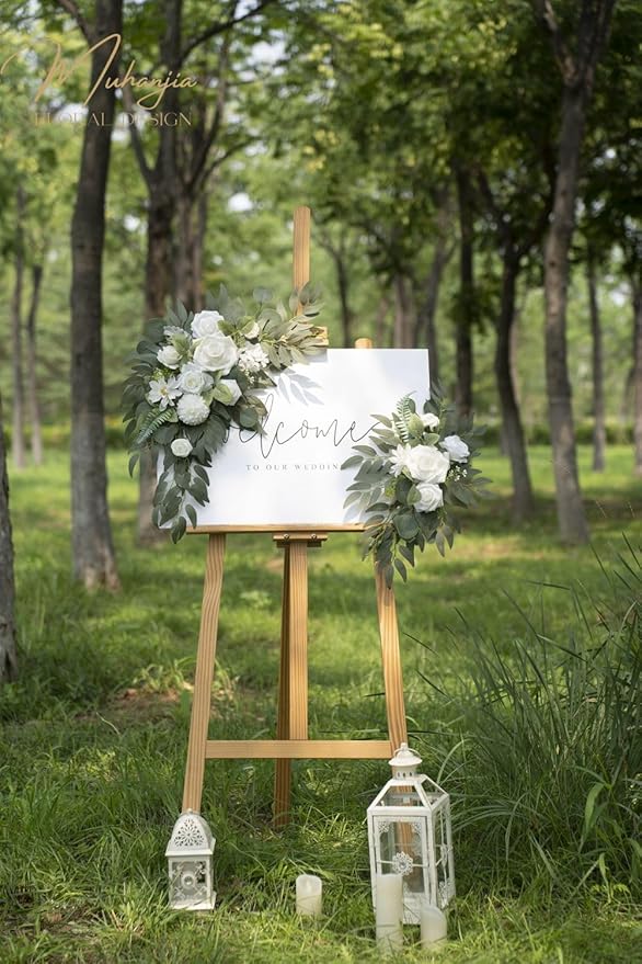 Wedding Sign Faux Flower Swag (Pack of 2) for Ceremony Party Reception Entrance Floral Decor Wall Easel Stand for Wedding Poster Welcome Sign (Natural White)