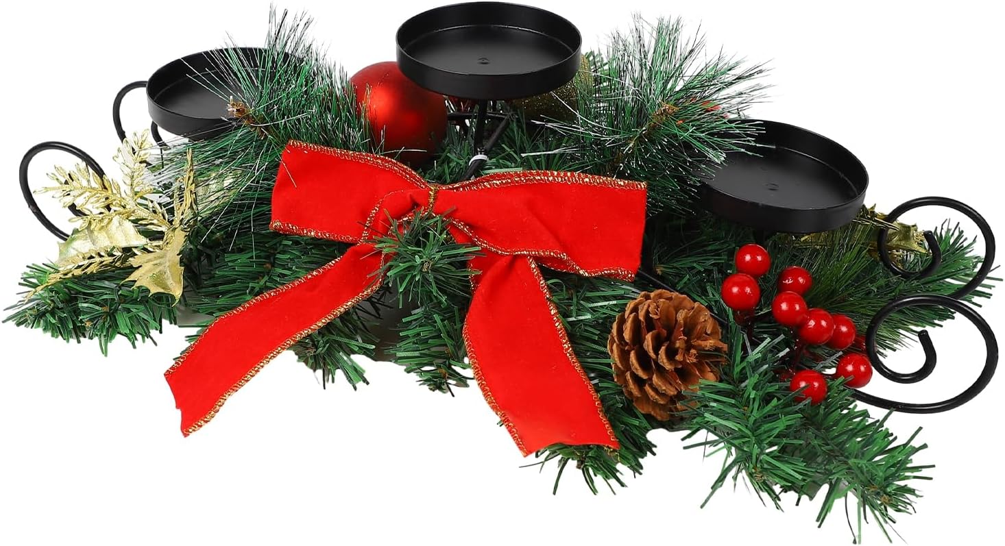 MorTime Christmas Candle Holder Centerpiece, Xmas Tabletop Decor with Red Bow Berries Pinecones, Table Centerpiece with Steel Base for Christmas Decoration