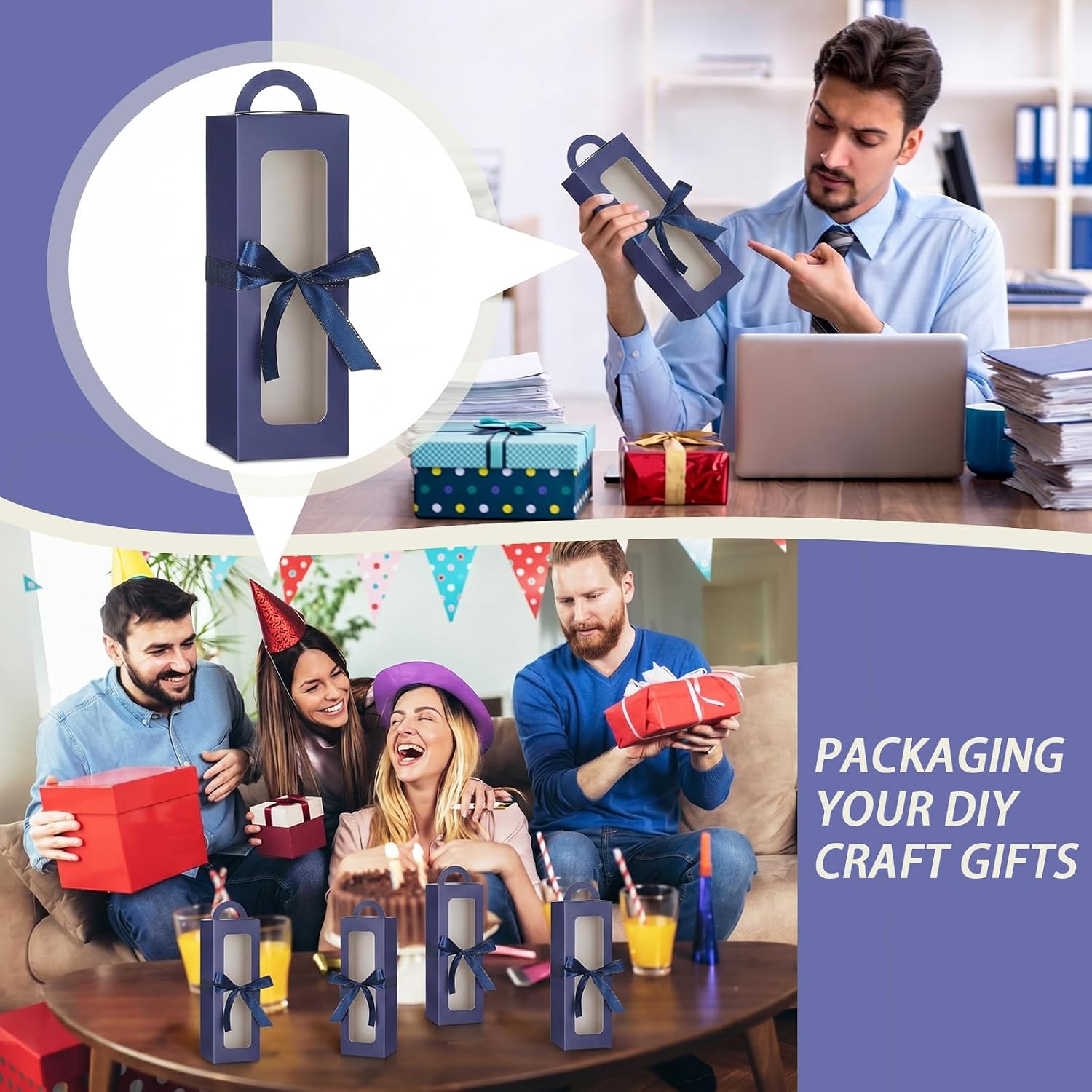 Ctosree 24 Pcs Tumbler Gift Box with Handle for 16-20 oz Clear Wine Glass Gift Box Sublimation Tumblers Heat Press Blanks Bottle for Christmas Wrapping Packaging(Dark Blue)