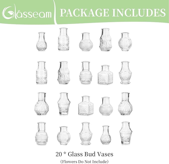 Glasseam Small Bud Vases for Centerpieces: 20PCS Mini Clear Glass Vase Set for Flowers Decor Wedding Party Baby Shower Dining Table Decorations Centerpiece
