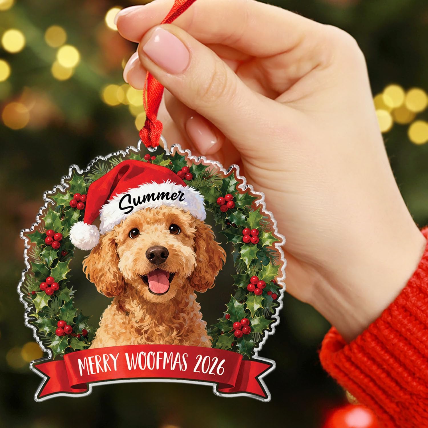 Personalized Goldendoodle Dog Christmas Ornament, Dog Wearing Santa Hat 2D Flat Acrylic Ornament, Gift for Dogs Dad Mom Pet Owners, Merry Woofmas 2026 Custom Name & Text Brown Goldendoodle Ornaments