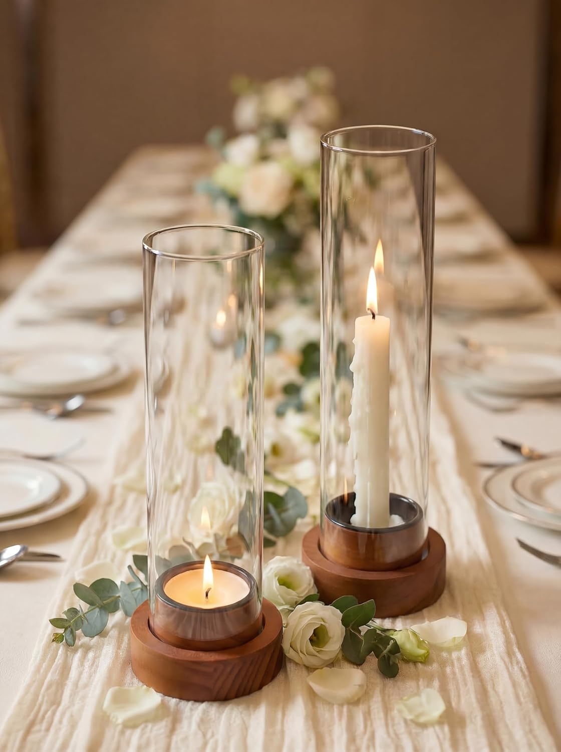 NUPTIO Hurricane Glass Candle Holders with Wax Catchers, Dripless, Set of 2 | Metal Bobeches Catch Drips, Clear Chimney Glass, Brown Wood Bases, for Modern Weddings, Dining Tables, Easy Clean and Reuse