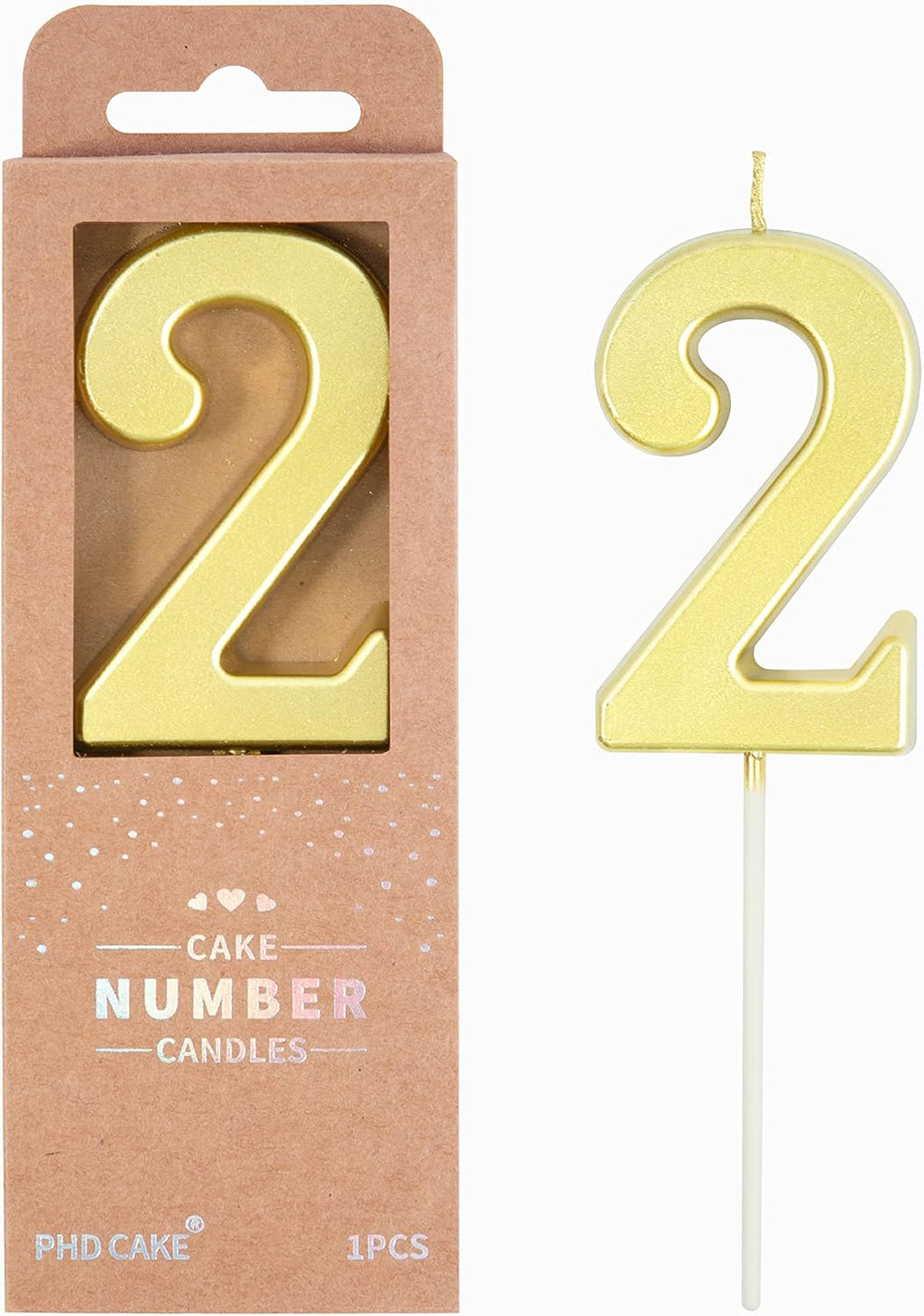 PHD CAKE 2.76 Inch Modern Gold 2 Number Birthday Candles, Gold Number Candles, Cake Number Candles, Party Celebration