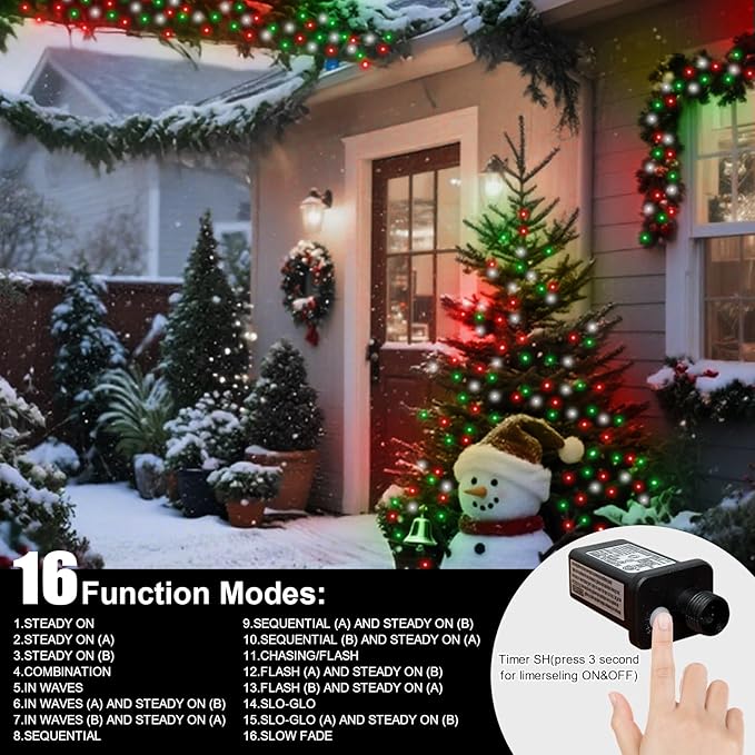LAMPHOME 66ft Christmas Decorative Mini Lights, 200 LED Transparent Wire Fairy Starry String Lights Plug in, 16 Lighting Modes for Outdoor Xmas Tree Wedding Party Decoration (Red Green White)