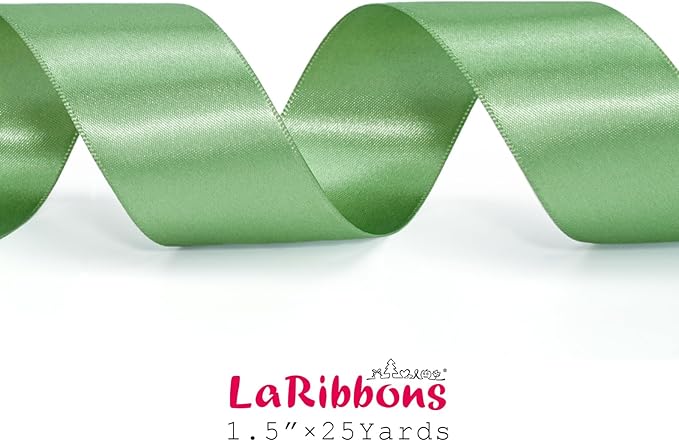 LaRibbons Sage Green Ribbon 1 1/2 Inch 25 Yards Luxury Double Faced Green Silk Ribbon for Flower Bouquet Crafts Gift Wrapping Wedding Party Decoration