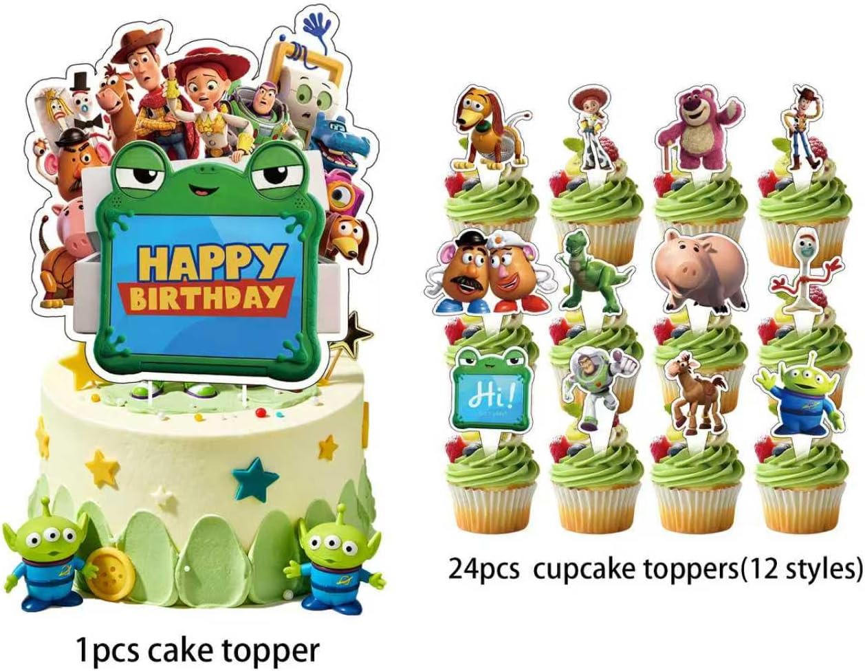 25Pcs For Toy Story Cake Decorations with 24pcs Cupcake Toppers, 1pcs Happy Birthday Cake Topper, Cartoon Themed Party Supplies, Perfect for Birthday Party Decorations