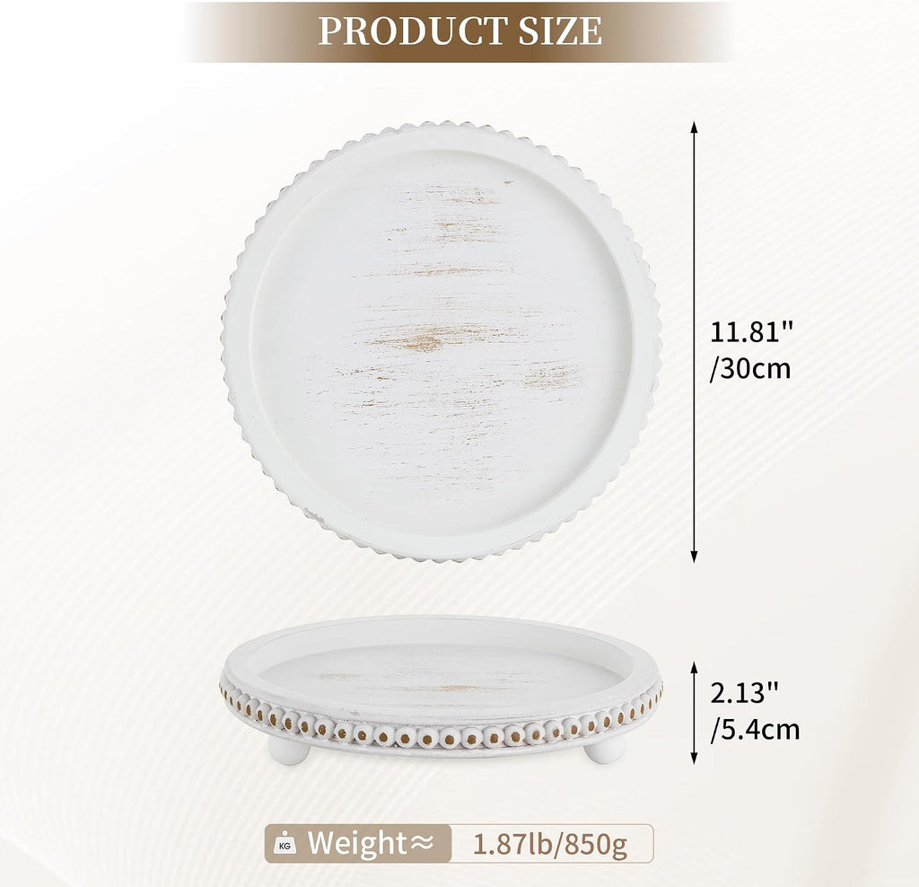 Hanobe Decorative Tray for Home Decor: Round Coffee Table Trays for Ottoman Living Room 12" Beaded Rustic Wooden Farmhouse Centerpiece for Dining Room Kitchen Counter