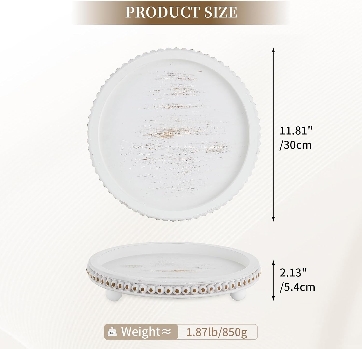 Hanobe Decorative Tray for Home Decor: Round Coffee Table Trays for Ottoman Living Room 12" Beaded Rustic Wooden Farmhouse Centerpiece for Dining Room Kitchen Counter