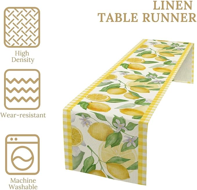 Lemon Table Runner,Yellow White Buffalo Plaid Summer Table Runner for Kitchen Dining Table Home Party Decoration 13x90 Inch