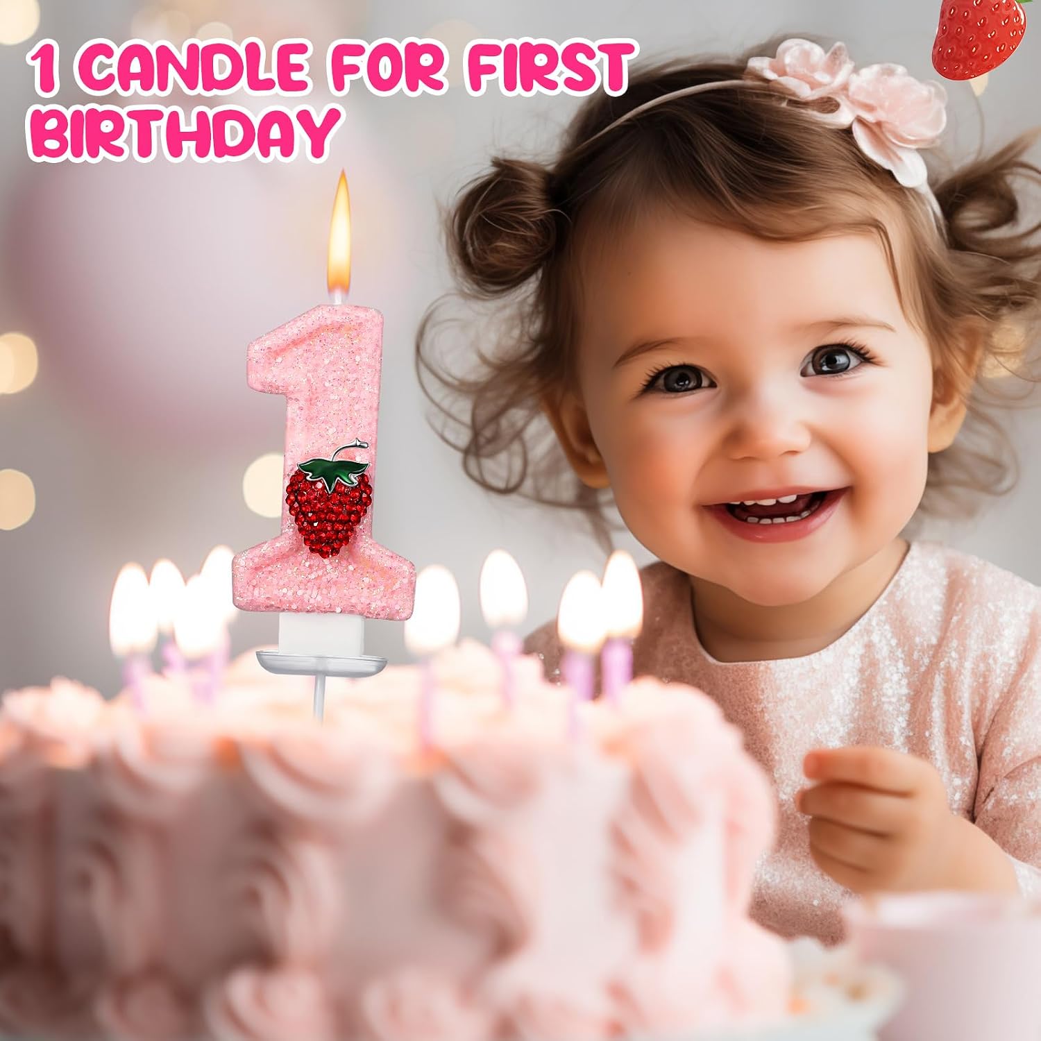Conelist Strawberry 1 Candle for First Birthday Pink Number 1 Candle Berry One Glitter Cake Topper for Strawberry 1st Birthday Party Supplies Anniversary Decorations