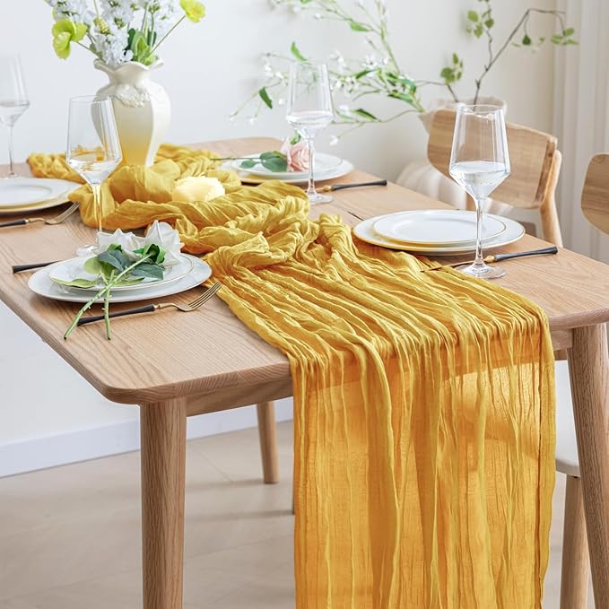 Asee'm 12pcs Cheesecloth Table Runner 120 Inches Long Gold Boho Gauze Cheese Cloth Runner 10FT Rustic Sheer Table Runners for Christmas Wedding Party Baby Shower Spring Easter Decoration
