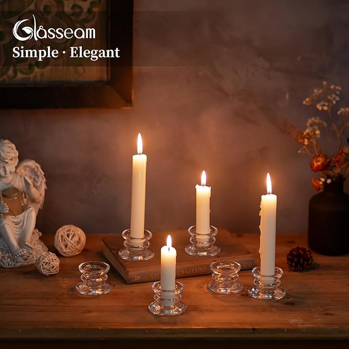 Glasseam Taper Candle Holders Bulk: 10pcs Glass Candle Sticks Holder Decor Clear Short Small Candlestick Holders Modern for Table Centerpiece Wedding Christmas Dinner Party