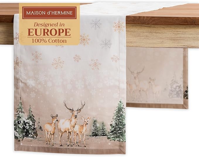 Maison d' Hermine Table Runner 100% Cotton Single Layer Table Runners 72 inches Long for Thanksgiving Christmas Decorations Home Kitchen Dining Party Wedding (Deer in The Woods, 14.5" x 72")