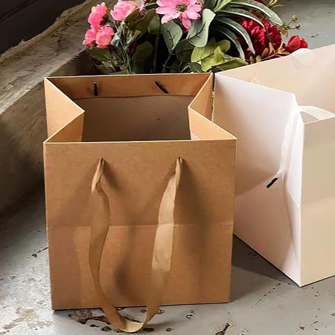 Kraft Paper Gift Bag Large Square Bottom Kraft Paper Bags with Handles (Natural Kraft, 12 x 12 x 12 in, 10 CT)