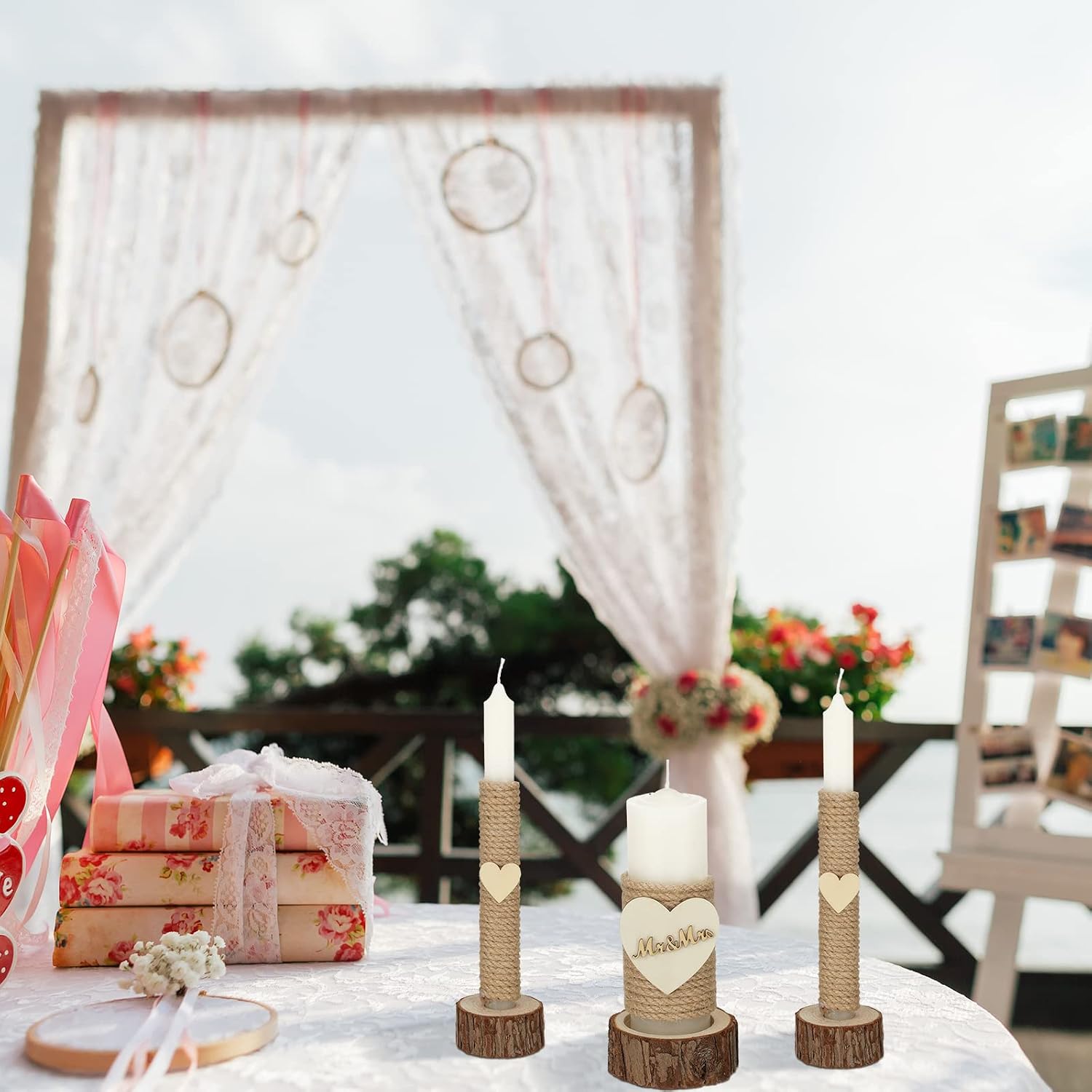 Amyhill 3 Pcs Rustic Unity Candles for Wedding Ceremony Set Mr and Mrs Burlap 1(5.9'') Pillar 2(9.8'') Taper Candles for Weddings Ceremony Events Decor Emergency Lighting(Romantic Style)