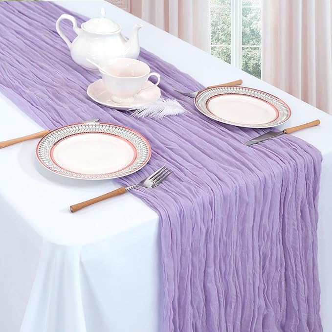 6 Pack Lilac Purple Table Runner 10ft Boho Gauze Fabric Cheesecloth Table Runner 35 x 120 Inch Rustic Sheer Runner for Romantic Wedding Decor Baby Shower Party Table Centerpiece Decoration