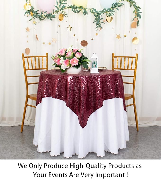 ShinyBeauty Sequin Tablecloth Wine Table Linen Burgundy Table Cover 36x36 Inches Table Overlays for Wedding Party Decor Small Square Tablecloth 36x36 for Round Tables