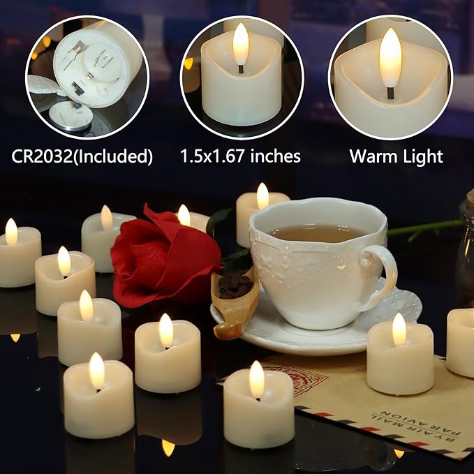 24 Pack Battery Operated Votive Candles 1.5 x 1.67 inches Flameless Votive Tealights Black Wick Tea Lights LED Electric Fake Candles Realistic for Wedding Christmas Thanksgiving Party Decoration
