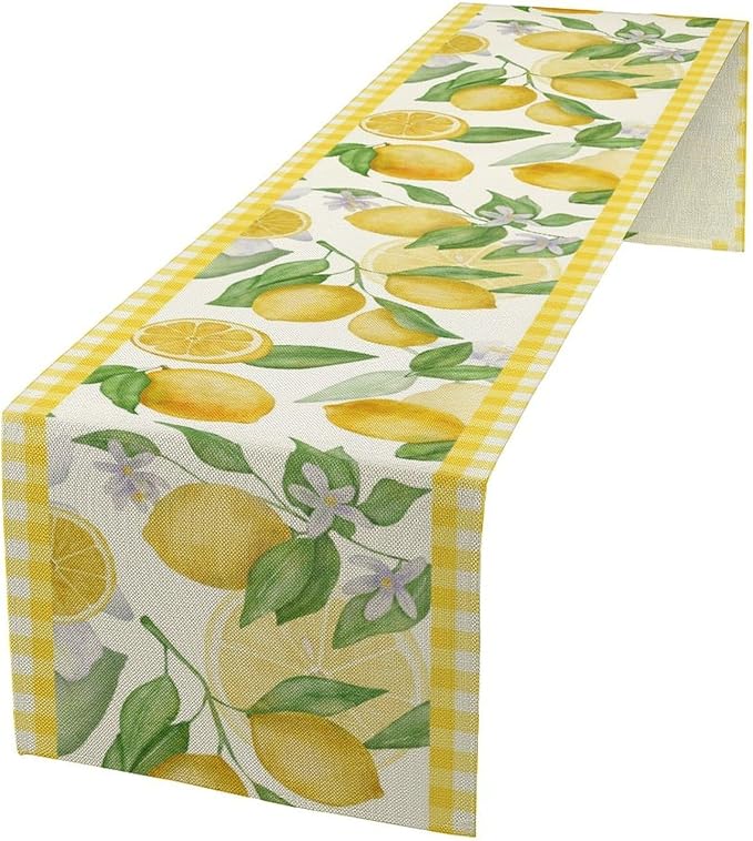 Lemon Table Runner,Yellow White Buffalo Plaid Summer Table Runner for Kitchen Dining Table Home Party Decoration 13x36 Inch