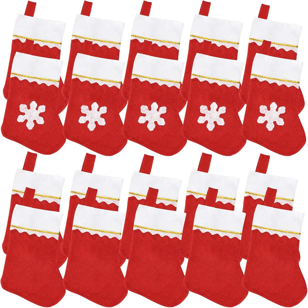 Jmkcoz 20 Pack Christmas Mini Stockings Sock Decoration Snowflake Tableware Holders, Red Felt Knife Spoon Fork Bag Candy Pouch Bag Plush Cuff Socking for Xmas Party Tree Dinner Table Home Ornaments
