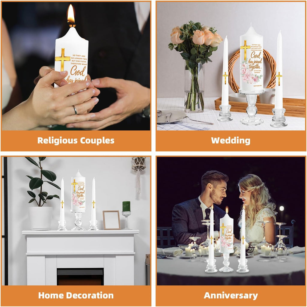Extrogif Unity Floral Candles with Holder for Wedding Ceremony – Wedding Candle Set with Glass Holders – Elegant Pillar Candles with a Gold Cross and the Matthew 19:6 Verse