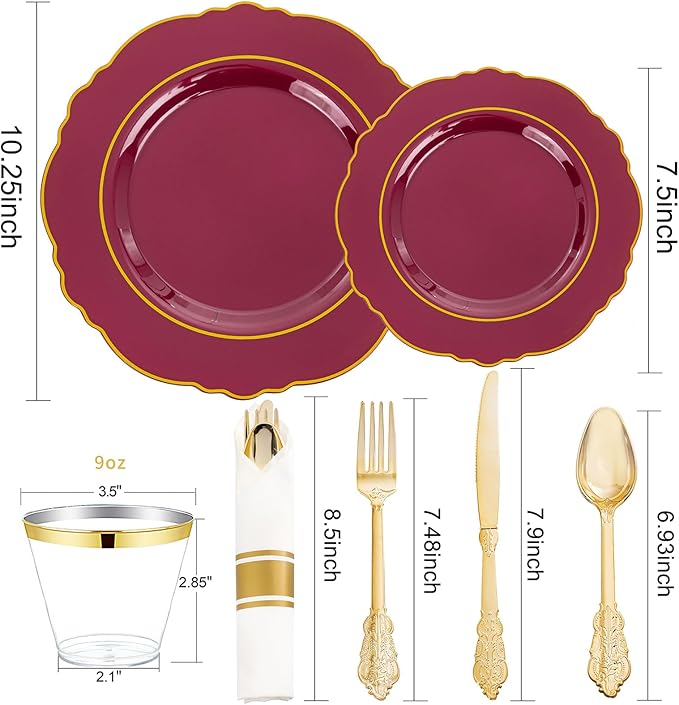 Liacere 350PCS Red Plastic Plates-Disposable Burgundy Red and Gold Plates 50guest Baroque Plastic Dinnerware include 100Plates, 50Pack Pre Rolled Napkins with Silverware 50Cups for Girlfriends' Day
