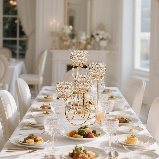 4 Arms Crystal Candelabra Tealight Holder - Tall 15.7 Inch Elegant Centerpiece with Crystal Pendant Bowls & Artistic Metal Stand for Wedding, Dining Table, Home Decor (1, Gold)