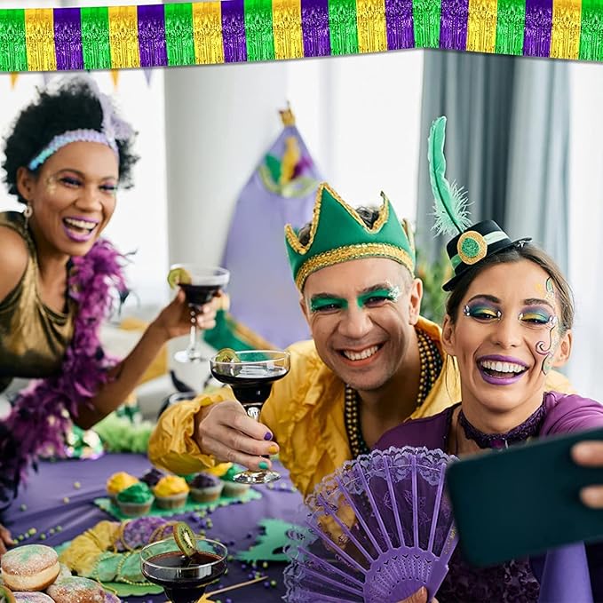 6 Pack 10 Feet Mardi Gras Foil Fringe Garland Metallic Tinsel Streamers Banner Wall Hanging Backdrop Banner for Parade Floats, Valentine's Day, Wedding, Birthday Party Decorations Gold Green Purple