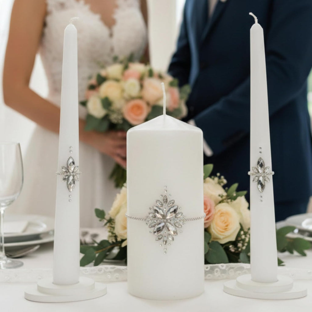 Unity Candle Set - Wedding Ceremony & Reception – 6” Pillar & Two 10” Taper Candles – Long Burning Unity Candles for Marriage Ritual – Handmade in USA –White|Cristal|Classic
