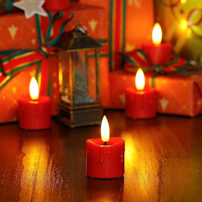 Rechargeable Flameless 1.6" x2.5" Tea Light Candles with Remote & Type-C Charging Cable, Timer LED Flickering Burgundy Plastic 9pcs Mini Dripping Wax Votive Tealight Candles