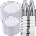 Goodluck 700 Piece Silver Plastic Dinnerware Set for 100 Guests, Disposable Plates for Party, Include: 100 Dinner Plates, 100 Dessert Plates, 100 Pre Rolled Napkins with Silverware, 100 Cups