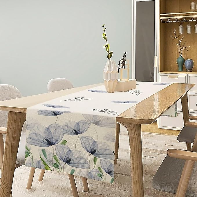 Watercolor Poppy Floral Table Runner, Abstract Seasonal Spring Summer Blue Purple Flower Kitchen Dinning Table Runner for Indoor Outdoor Home Wedding Party Holiday, 13x90 Inch