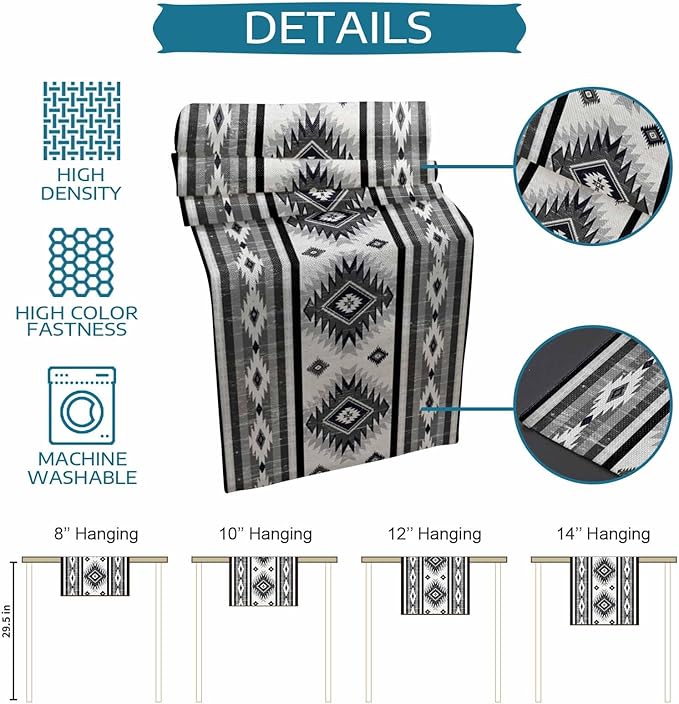 Aztec Southwest Cotton Linen Table Runner for Dining Kitchen, Wedding Outdoor Party Tablerunners Decoration, Boho Ethnic Tribes Vintage Grey Dresser Scarf Coffee Tablecloth Runners 13x90 Inches
