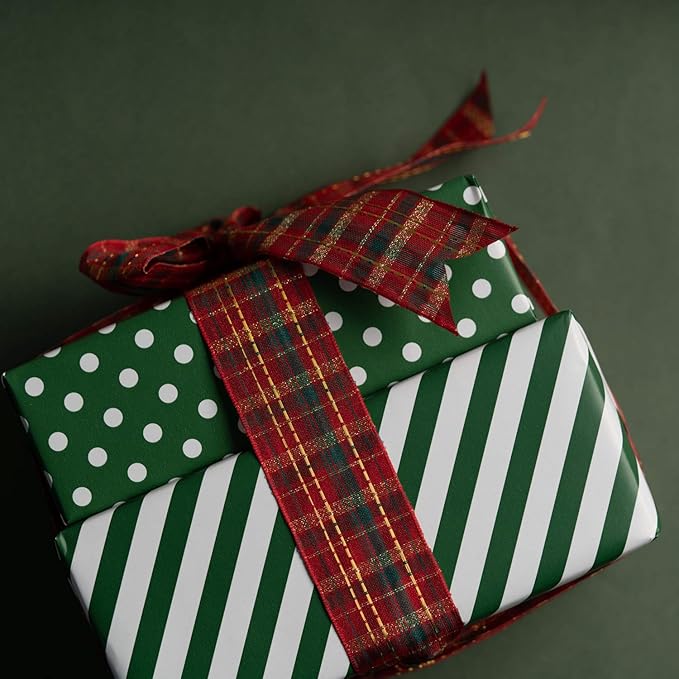 WRAPAHOLIC Reversible Wrapping Paper - Mini Roll - 17 Inch x 33 Feet - Dark Green and Stripes Design for Christmas, Birthday, Holiday, Wedding, Baby Shower