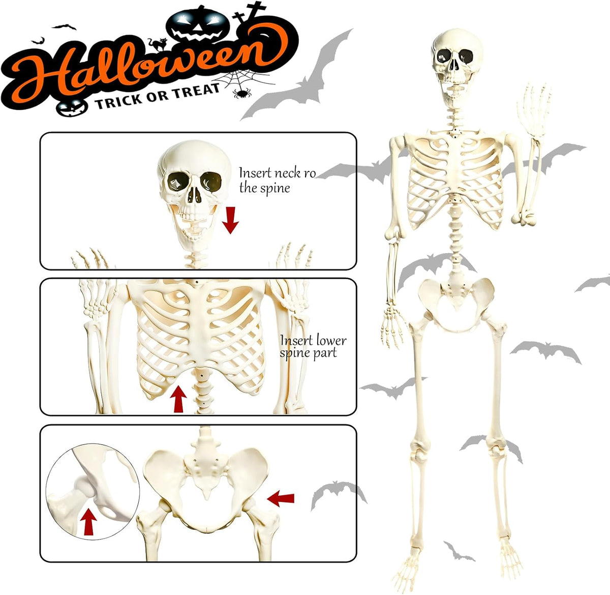 5.4FT Life Size Posable Halloween Skeleton Decorations, Full Body Realistic P...