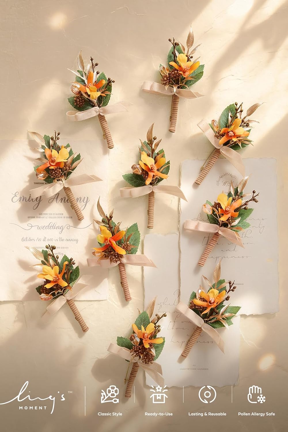 Ling's Moment Boutonniere for Men, 10pcs Groomsmen Guest Boutonniere, Artificial Flowers for Wedding Décor/Prom/Homecoming,etc.Burnt Orange Terracotta