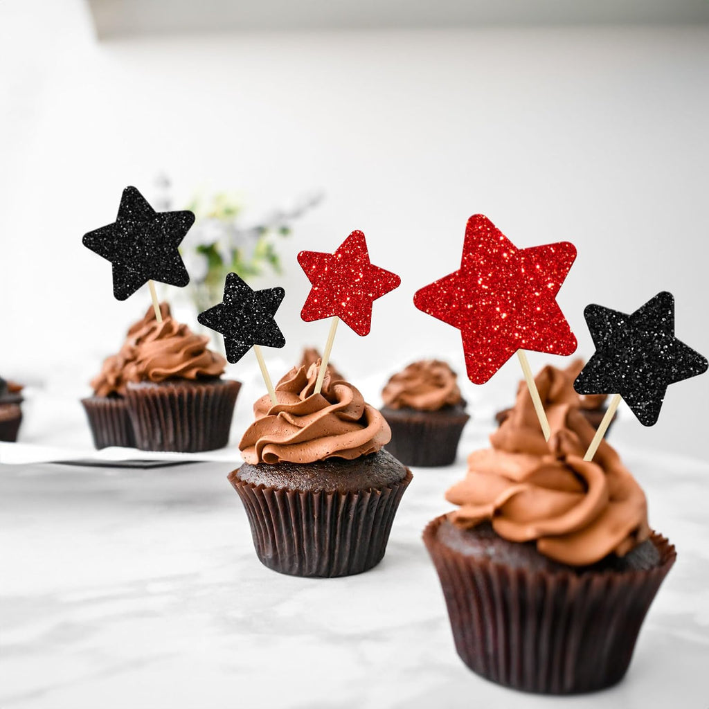 Gyufise 42Pcs Mixed Size Little Star Cupcake Toppers Glitter Twinkle Star Cupcake Picks Halloween Party Cake Decorations for Happy Halloween's Day Party Favors Supplies Black Red