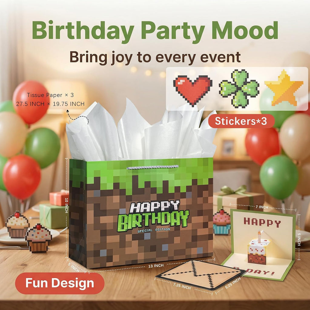 Crisky Large Video Game Birthday Bags with 3D Pop Up Cake Card, Tissue Papers, Pixel Boys Birthday Gift Bag for Teens Girls Men Women Gamer Party Decorations