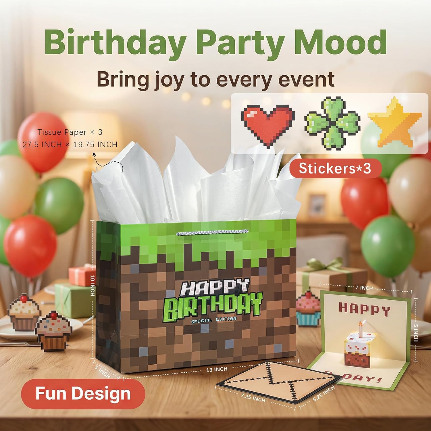 Crisky Large Video Game Birthday Bags with 3D Pop Up Cake Card, Tissue Papers, Pixel Boys Birthday Gift Bag for Teens Girls Men Women Gamer Party Decorations