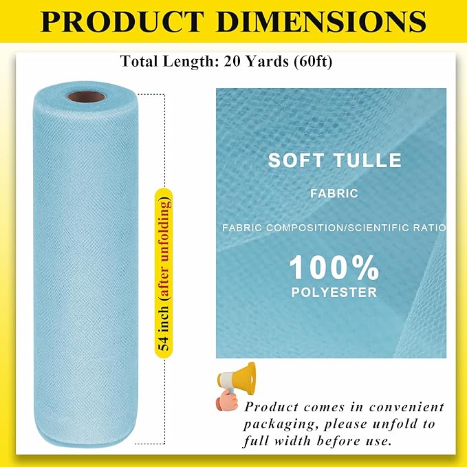 54" by 20 Yards Blue Tulle Fabric Rolls - Tutu Spool Bolt for DIY Wedding Decoration, Baby Shower Tutu Skirt, Gift Wrapping - Large Matte Tulle, Roll Packaging (Baby Blue)