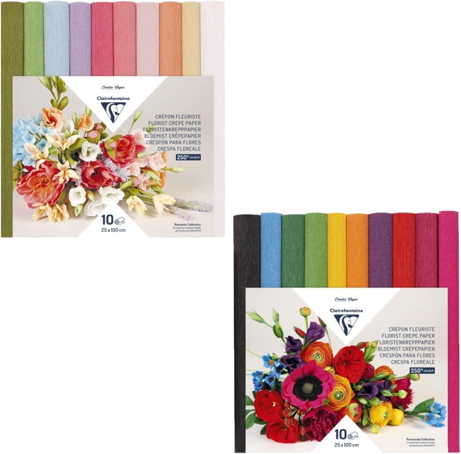 Clairefontaine 995001C - 10 Rolls of Florist Crepe Paper - Size 25 x 100 cm - 250% Elasticity - Weight 160 g - Paper Flowers - Non-Disgorging Colours - Assorted 10 Bright Colours