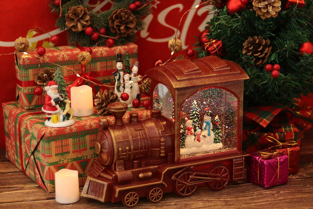 Eldnacele Singing Christmas Train Snow Globe with Music & Timer, Lighted-up Battery Operated Glittering Lantern for Christmas Table Centerpiece Decoration and Gift- Snowman