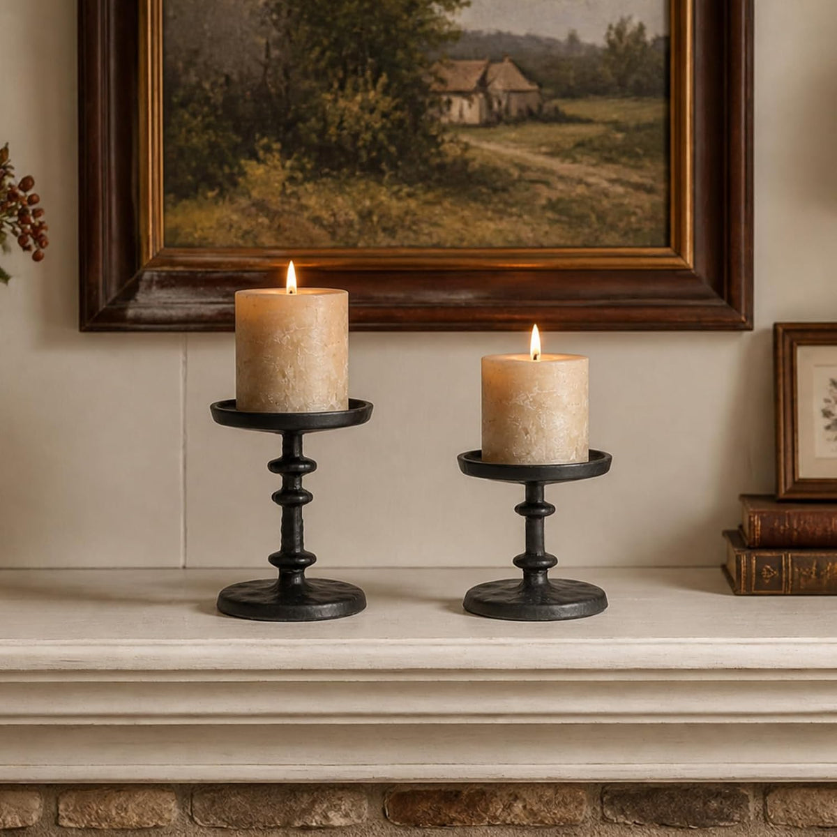 Black Cast Iron Pillar Candle Holders Set of 2 Farmhouse Candlesticks