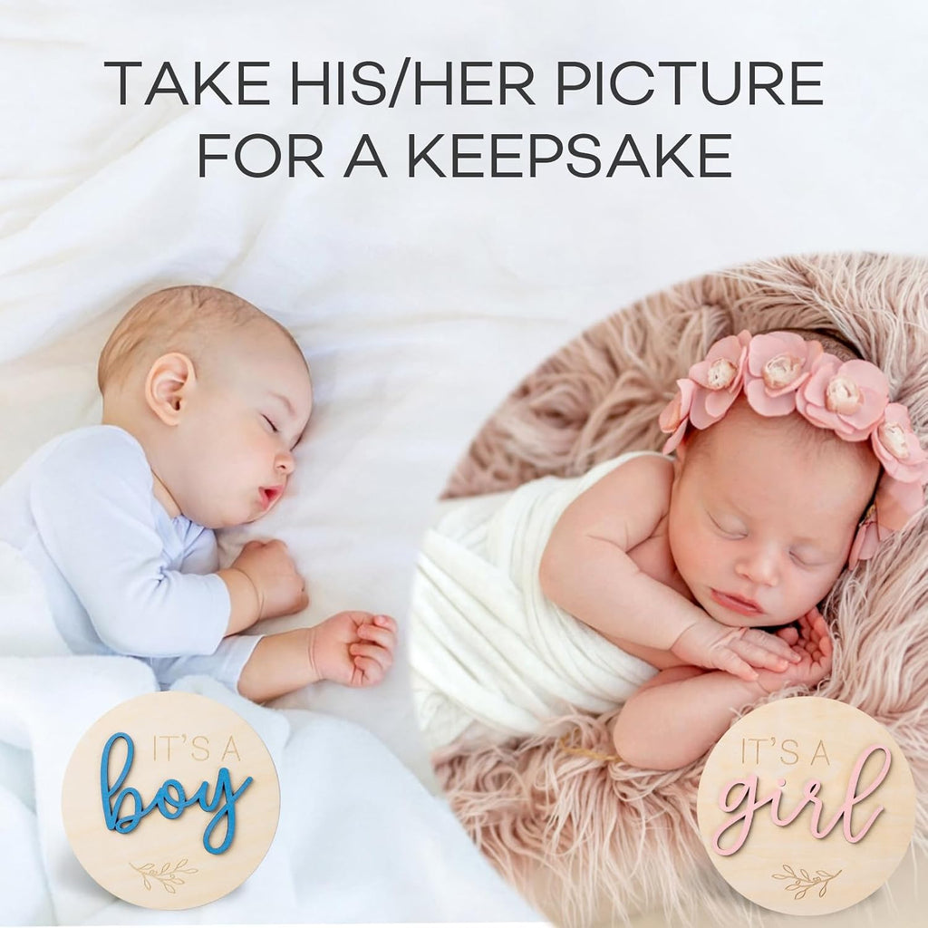 Gender Reveal Sign for Baby Birth: 3Pcs It's A Boy Girl & Hello World Announcement Sign for Hospital - Wooden Newborn Welcome Board for New Boys and Girls