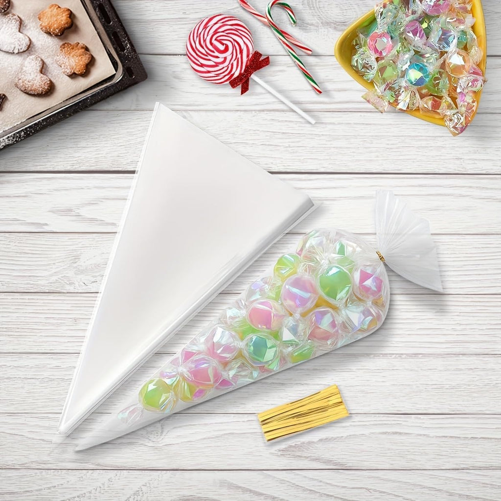50pcs Clear Cone Cellophane Bags, Cello Cone-Shaped Treat Bags with Twist Ties, Plastic Triangle Bags for Popcorn and Candy Favors