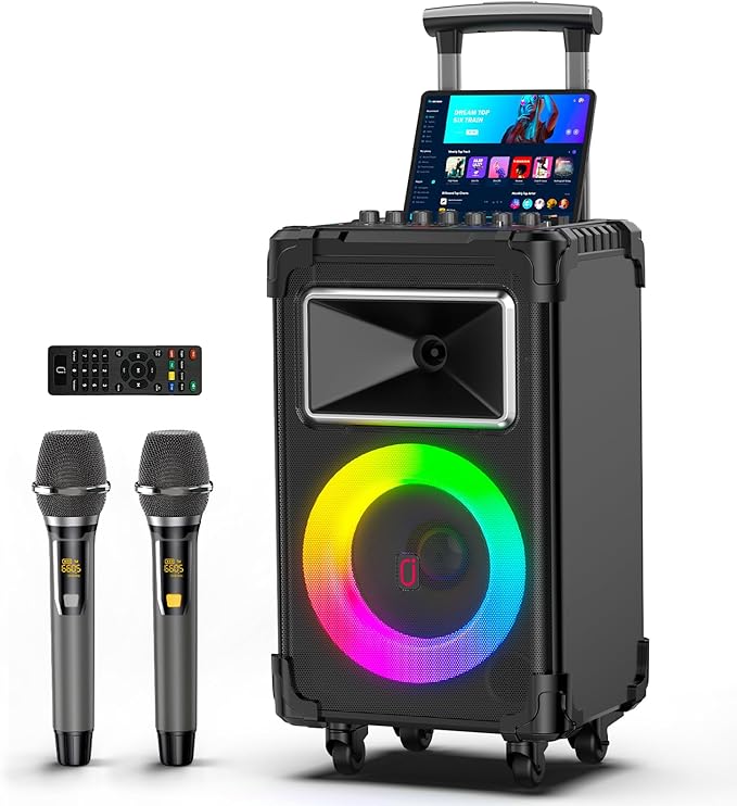 JYX Karaoke Machine with 2 Wireless Mics, 10" Woofer 500W Peak Power Big Portable Bluetooth Speaker with Bass/Treble Adjustment, PA System with Remote Control, LED Lights, Rolling Wheels and Trolley