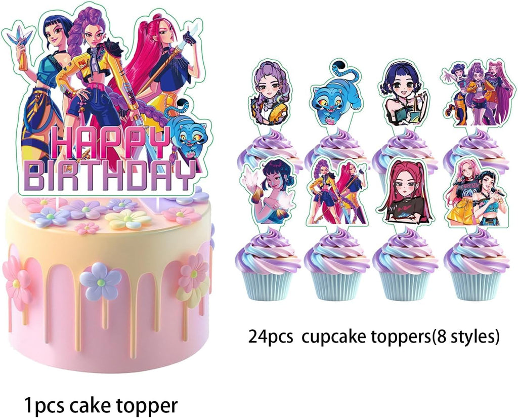 25Pcs Demon Movie Hunters Cake Decorations with 24pcs Cupcake Toppers, 1pcs Happy Birthday Cake Topper, Cartoon Themed Party Supplies, Perfect for Birthday Party Decorations