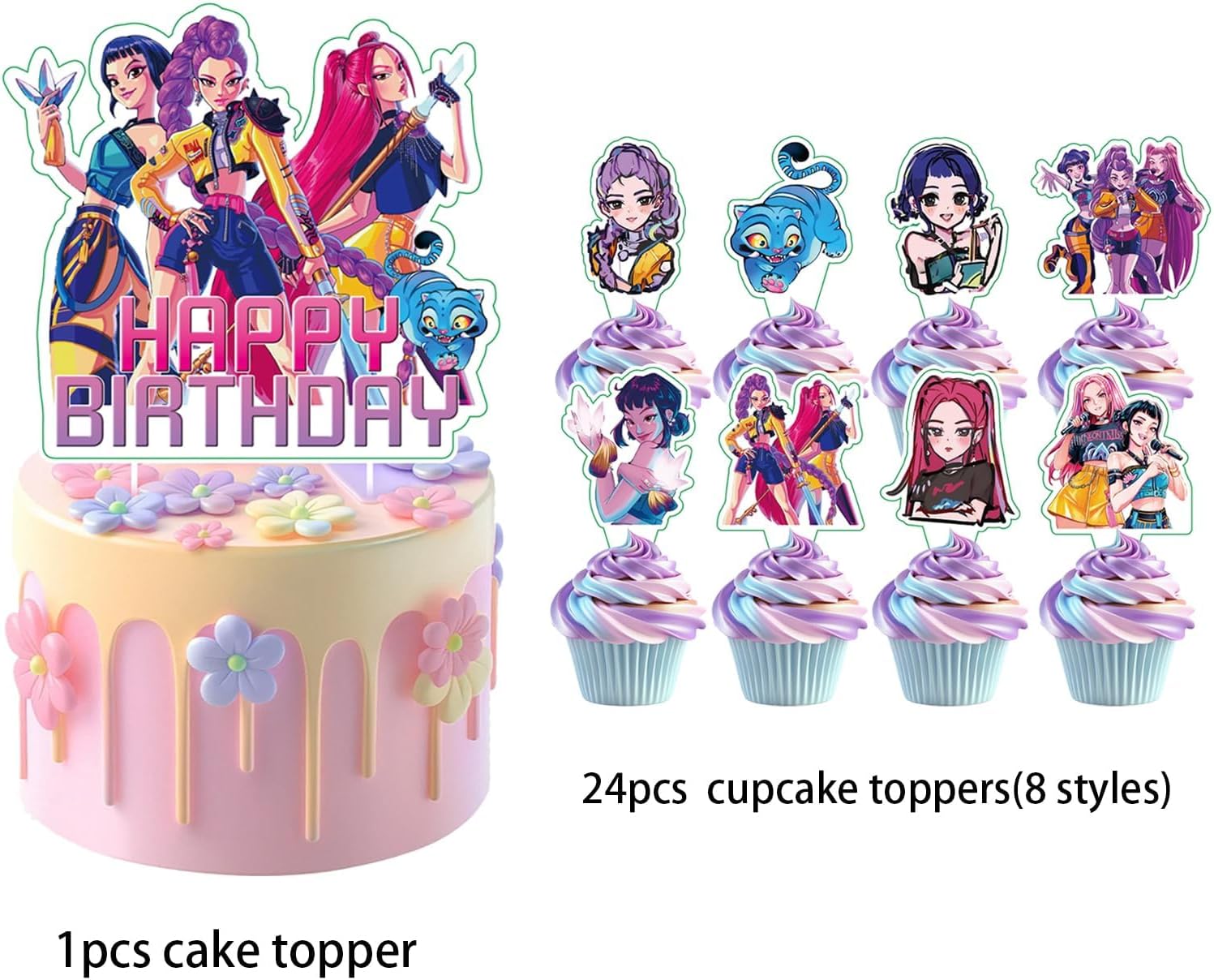 25Pcs Demon Movie Hunters Cake Decorations with 24pcs Cupcake Toppers, 1pcs Happy Birthday Cake Topper, Cartoon Themed Party Supplies, Perfect for Birthday Party Decorations