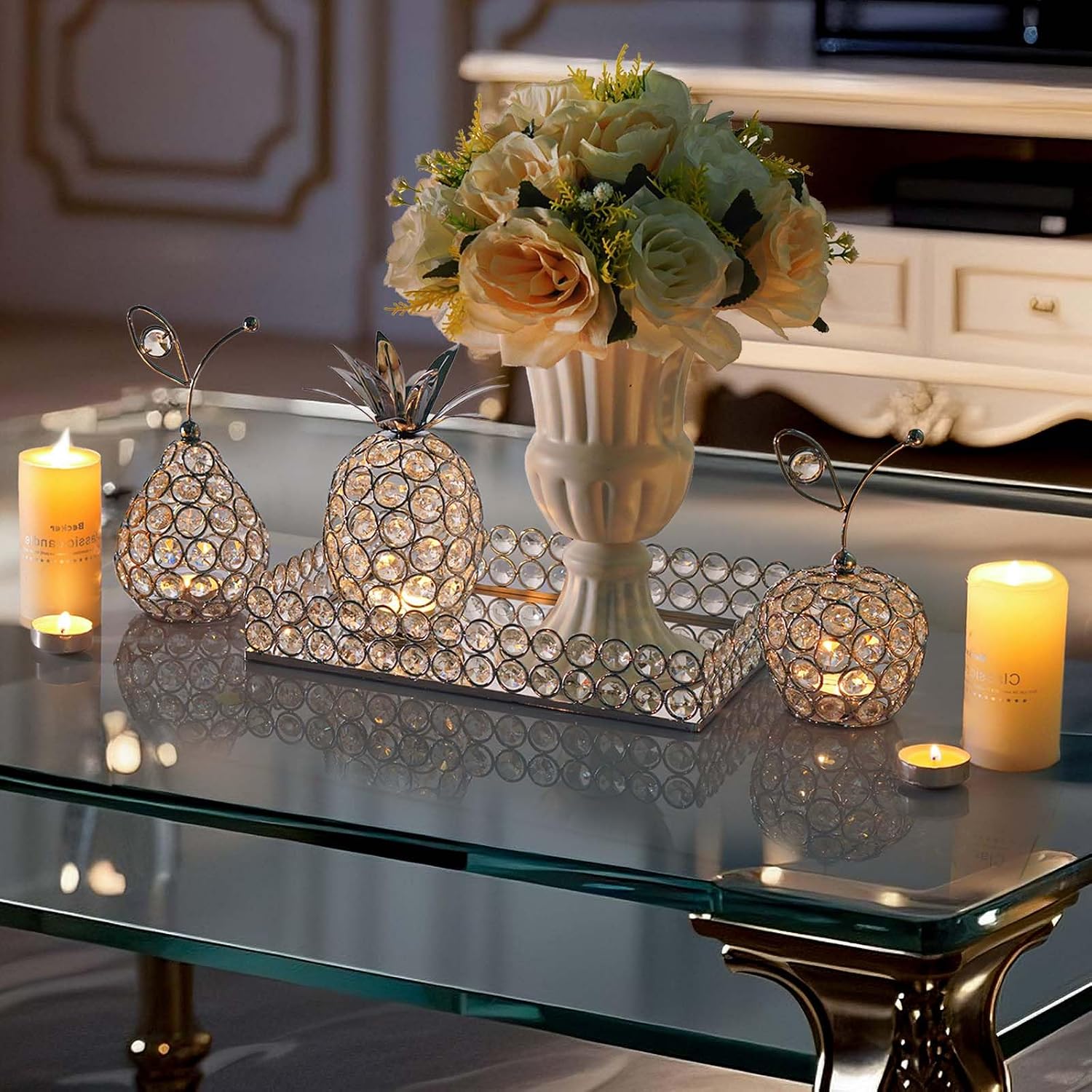 Elegant Decorative Trays & Crystal Fruit 4-Piece Set, Crystal Tea Light Holder - Wedding Centerpieces for Holidays, Home Table Decorations, Fruit Displays and Candle Holders (Silver, Set of Four)
