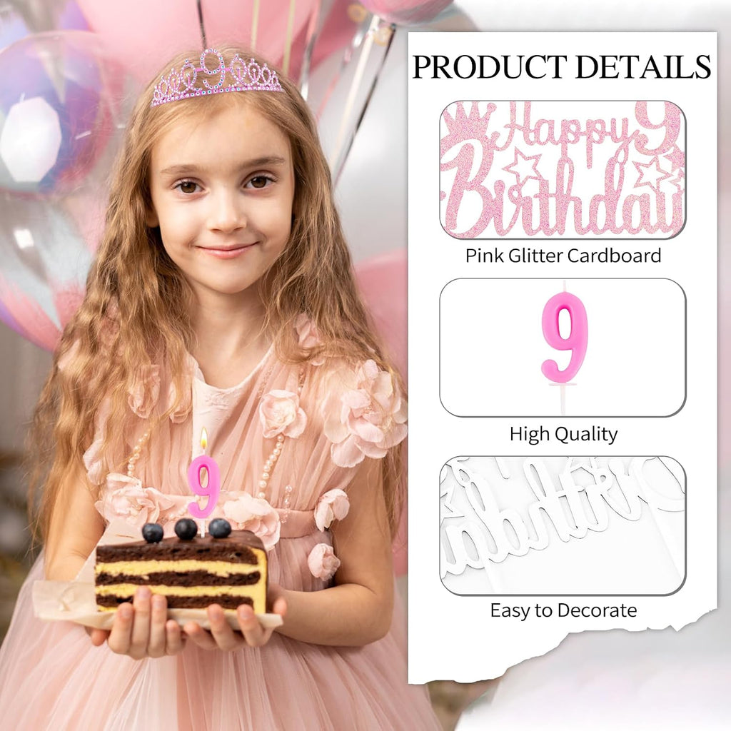 9th Birthday Party Decorations Set for Girls- Pink Crown, Glitter Sash, Number 9 Candle & Cake Topper Kit for Birthday Celebrations Party Supplies Gift